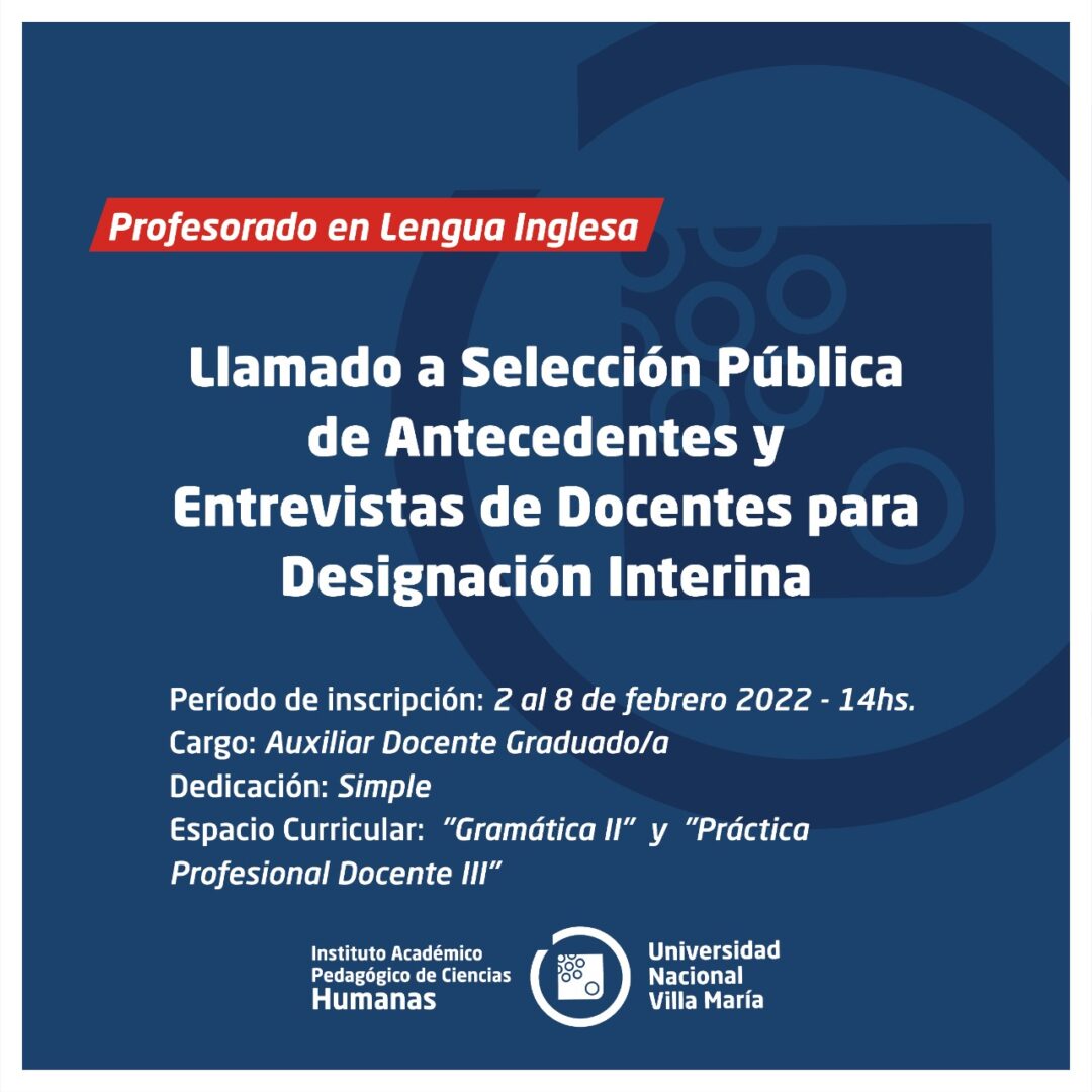 Prof. en Lengua Inglesa: Llamado a selección pública de antecedentes y entrevista de docentes para designación suplente
