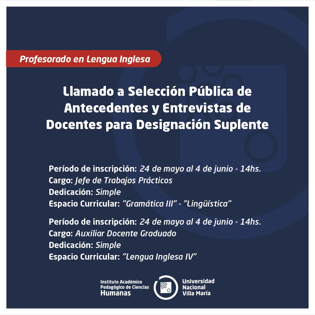 Prof. Lengua Inglesa: Llamado a selección pública de antecedentes y entrevista de docentes para designación suplente