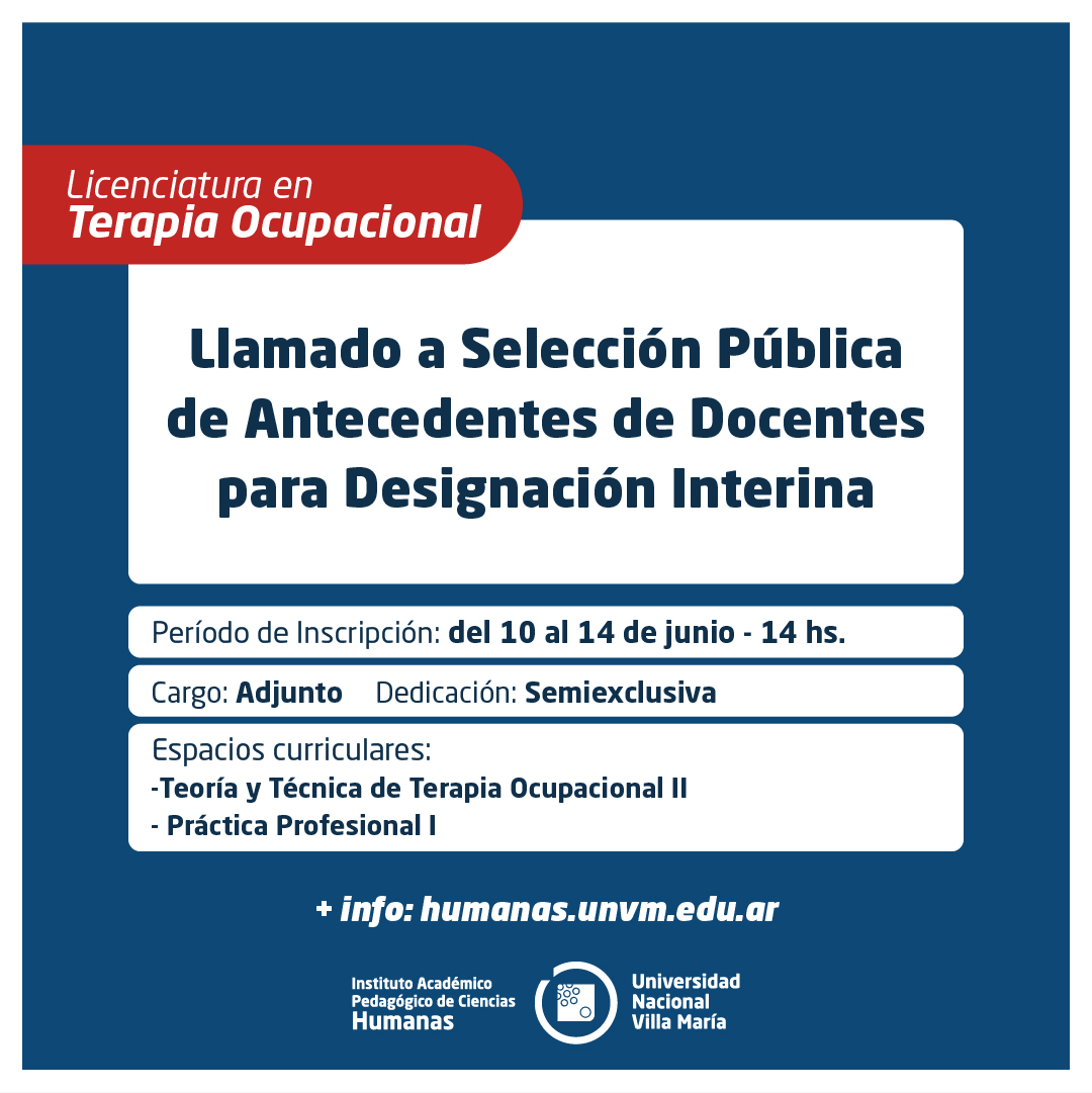 Lic. Terapia Ocupacional: Llamado a Selección Pública de Antecedentes de Docentes para designación Interina