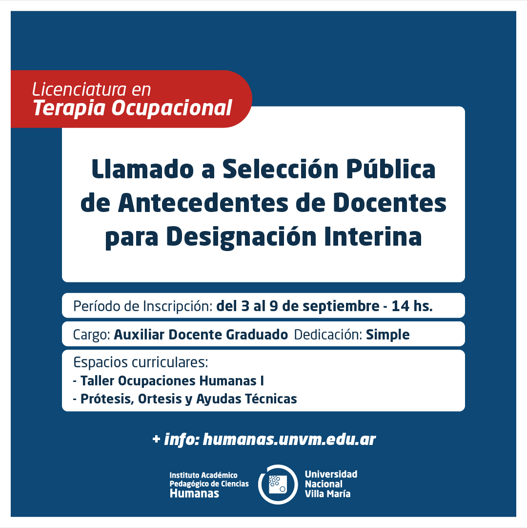 Lic. Terapia Ocupacional: Selección Pública de Antecedentes de docentes para designación Interina