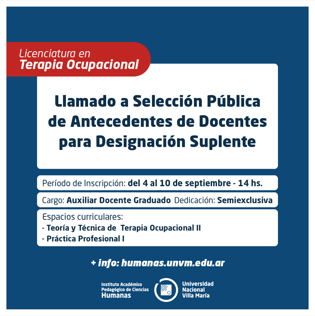 Lic. Terapia Ocupacional: Llamado a Selección Pública de Antecedentes de docentes para designación Suplente