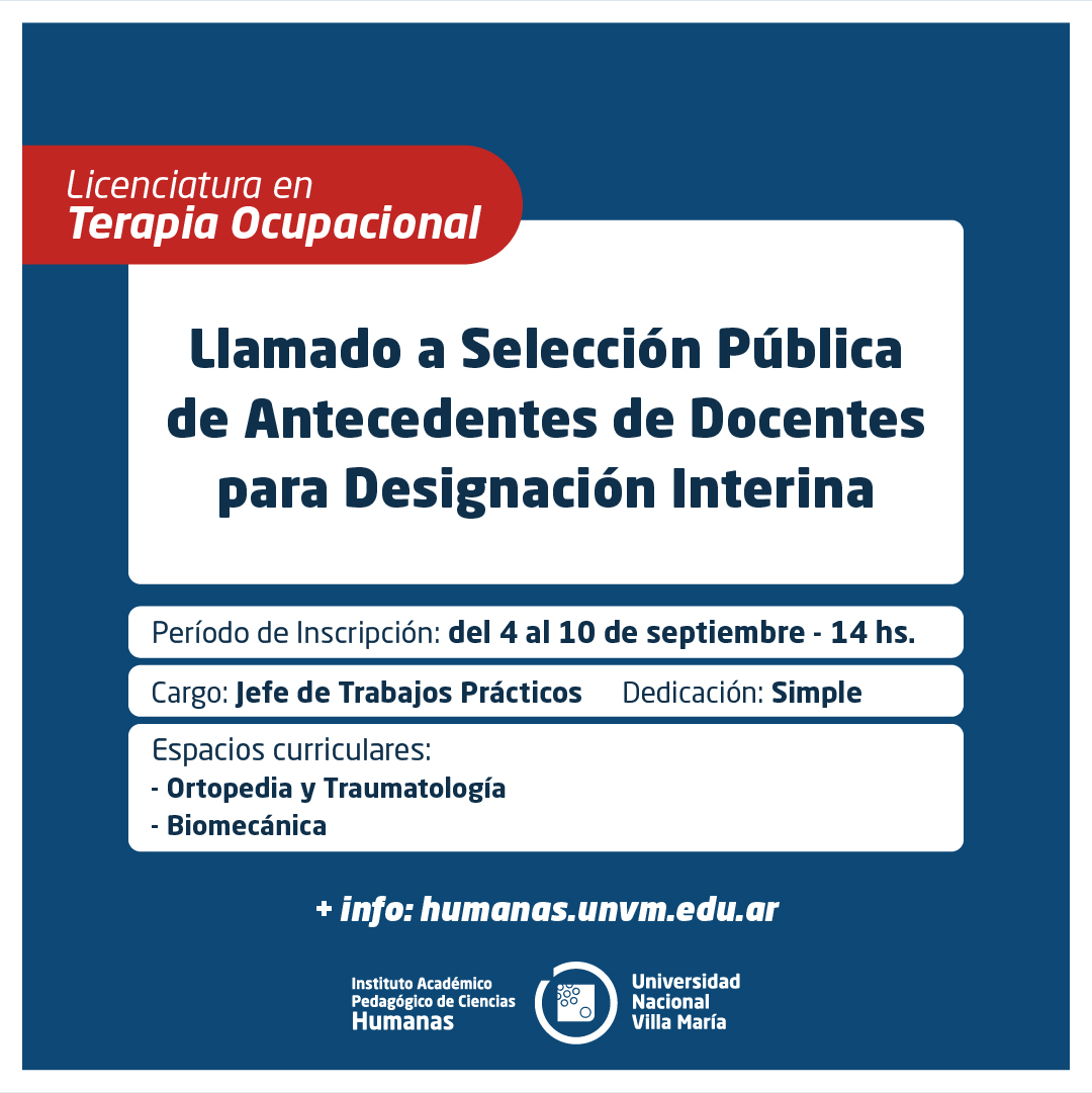 Lic. Terapia Ocupacional: Llamado a Selección Pública de Antecedentes de docentes para designación Interina