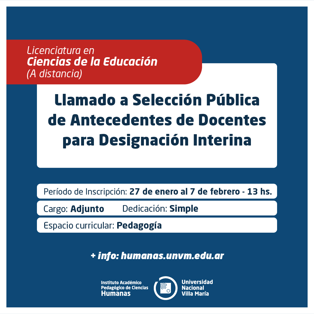 Lic. Cs. en Ciencias de la Educación (A distancia): Llamado a Selección Pública de Antecedentes de Docentes para designación Interina