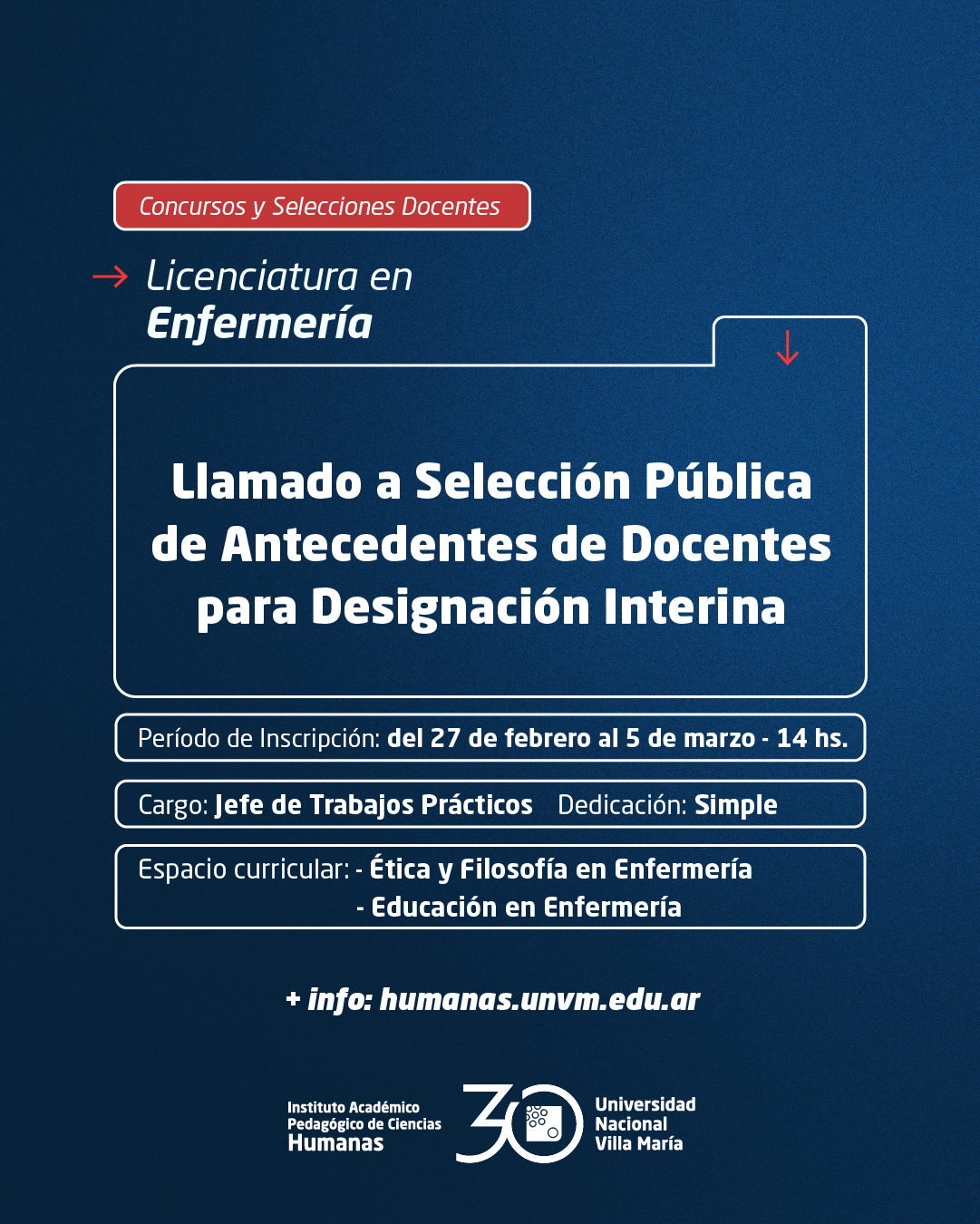 Lic. en Enfermería: Llamado a Selección Pública de Antecedentes de Docentes para Designación Interina