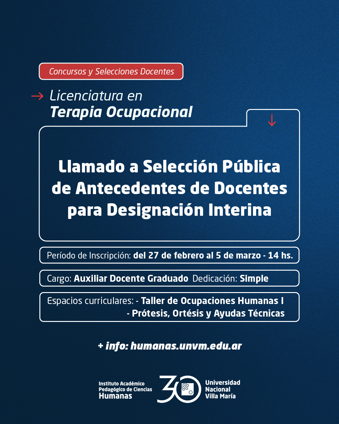 Lic. Terapia Ocupacional: Llamado a Selección Pública de Antecedentes de Docentes para Designación Interina