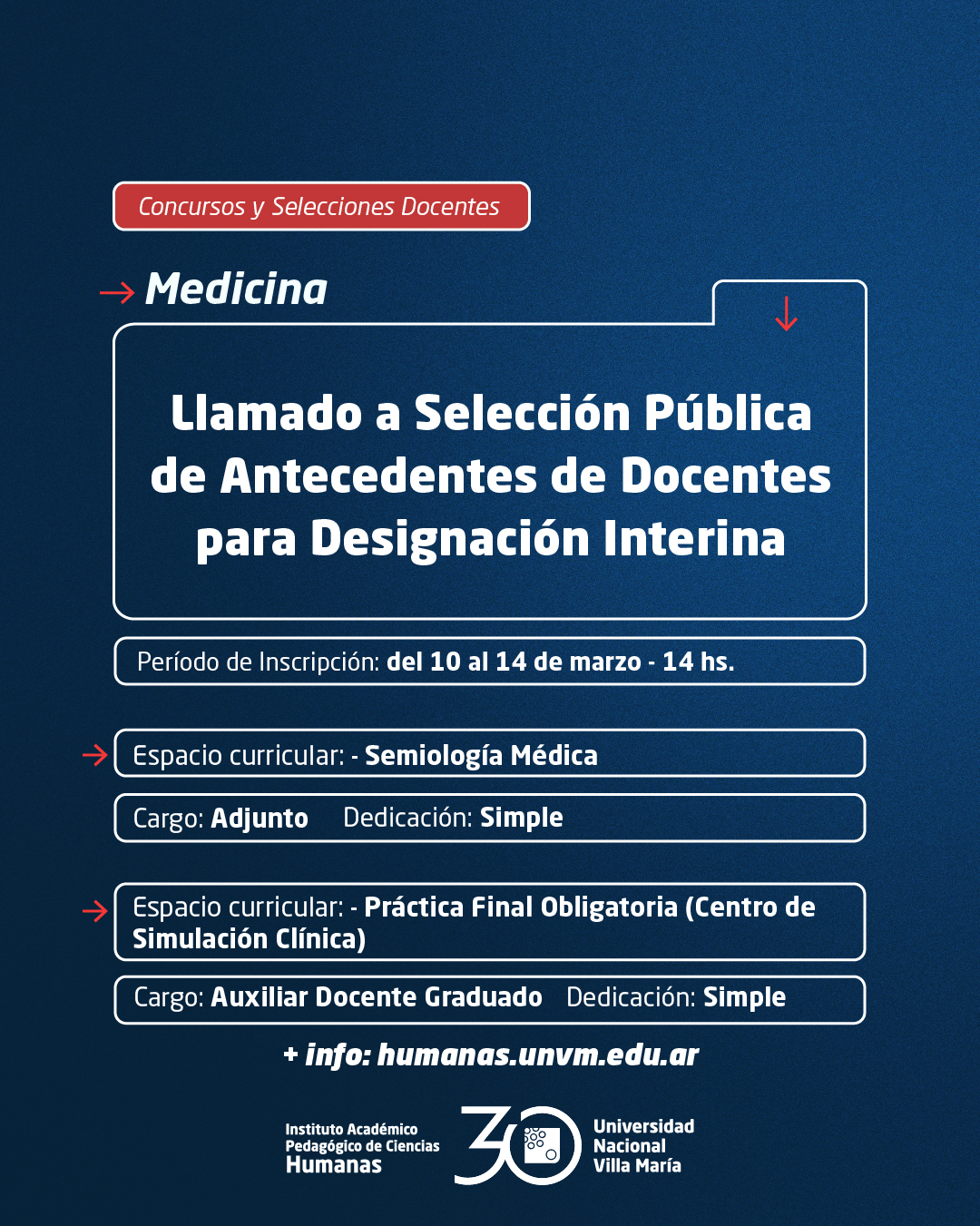Medicina: Llamado a Selección Pública de Antecedentes de Docentes para Designación Interina