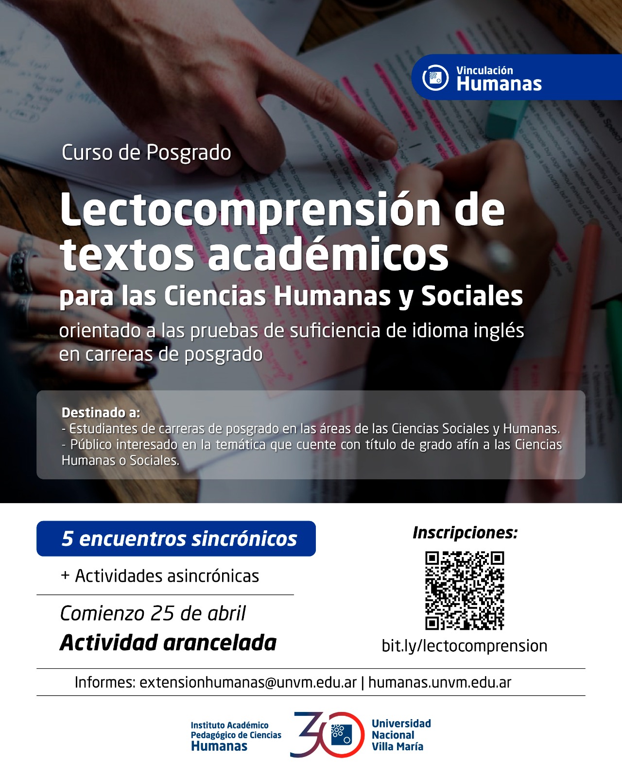 Inscripciones abiertas para el curso de posgrado «Lectocomprensión de textos académicos para las Ciencias Humanas y Sociales»