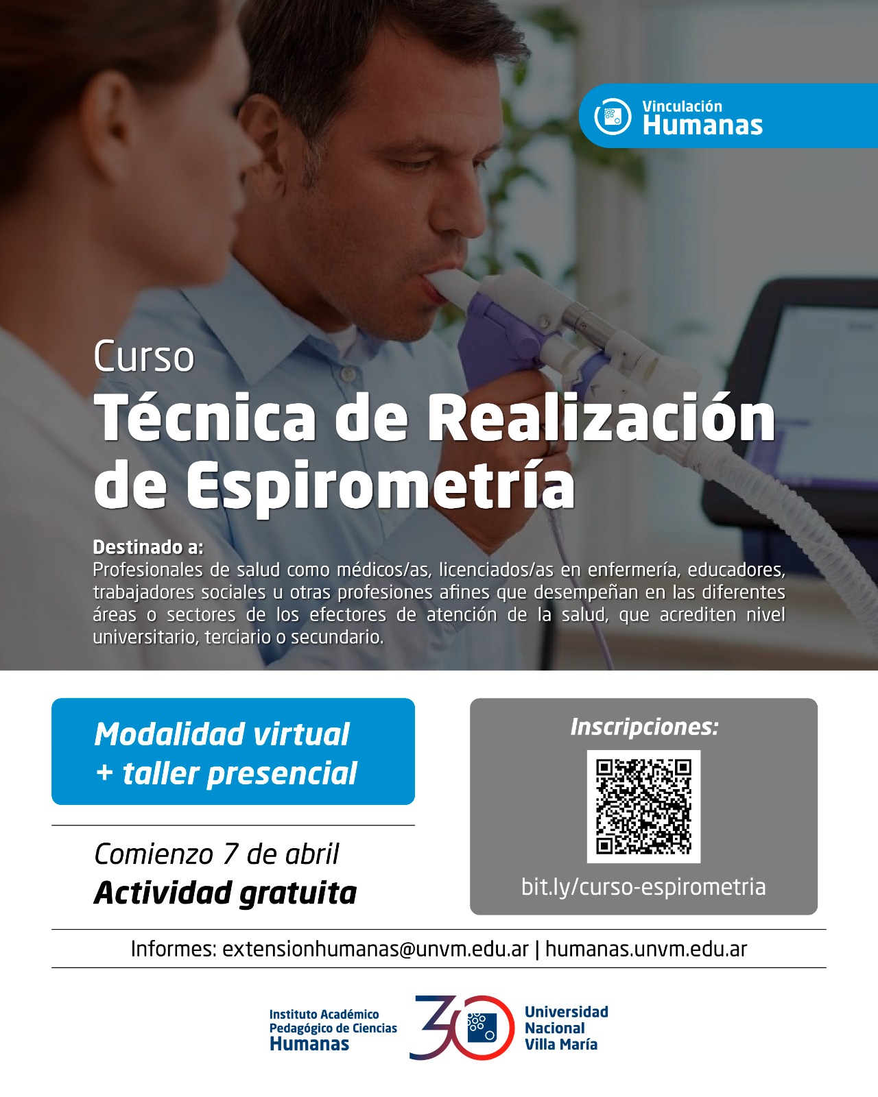 Abrieron las inscripciones para el curso de «Técnica de Realización de Espirometría» en Humanas UNVM