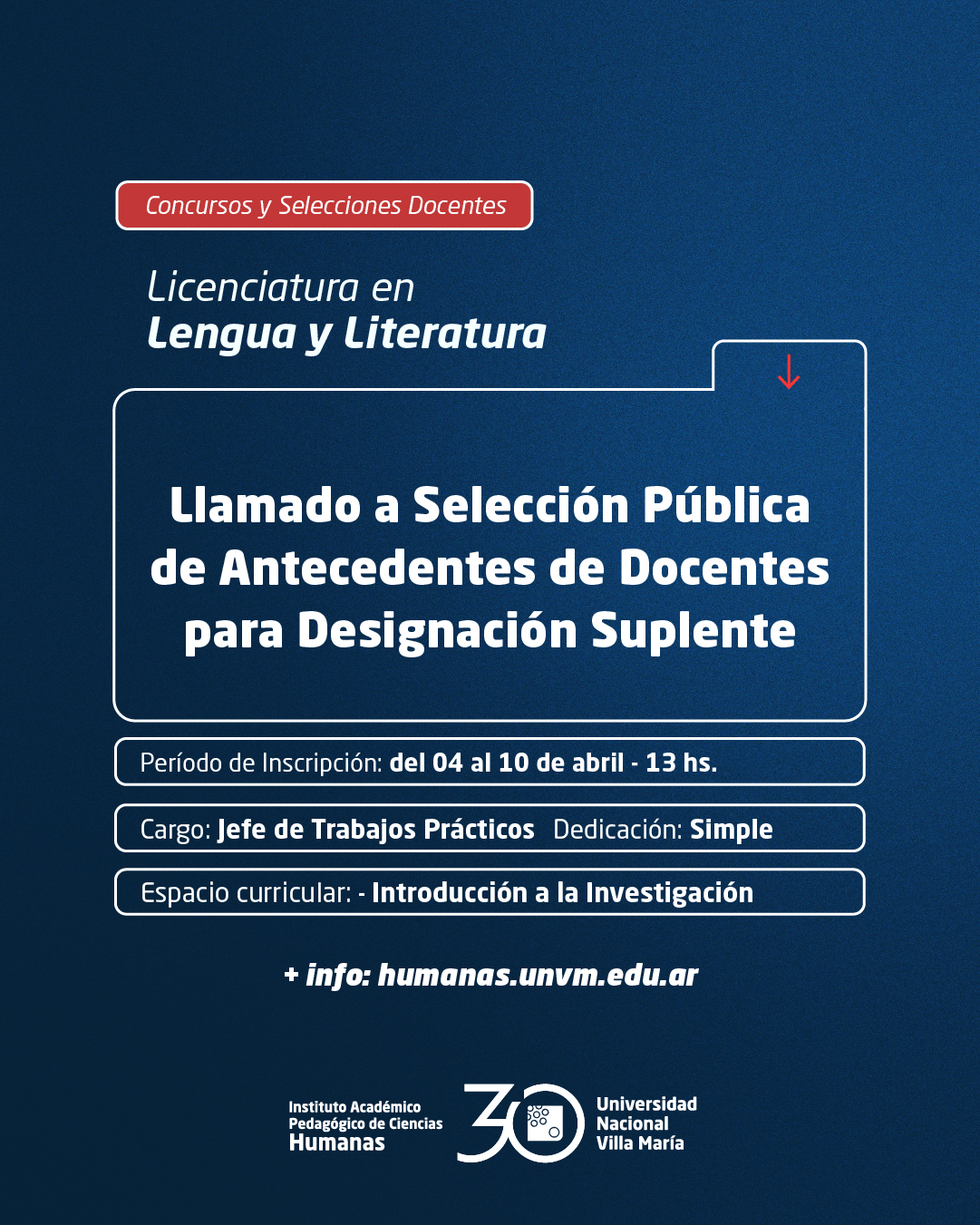 Lic. Lengua y Literatura: Llamado a Selección Pública de Antecedentes de Docentes para designación Suplente