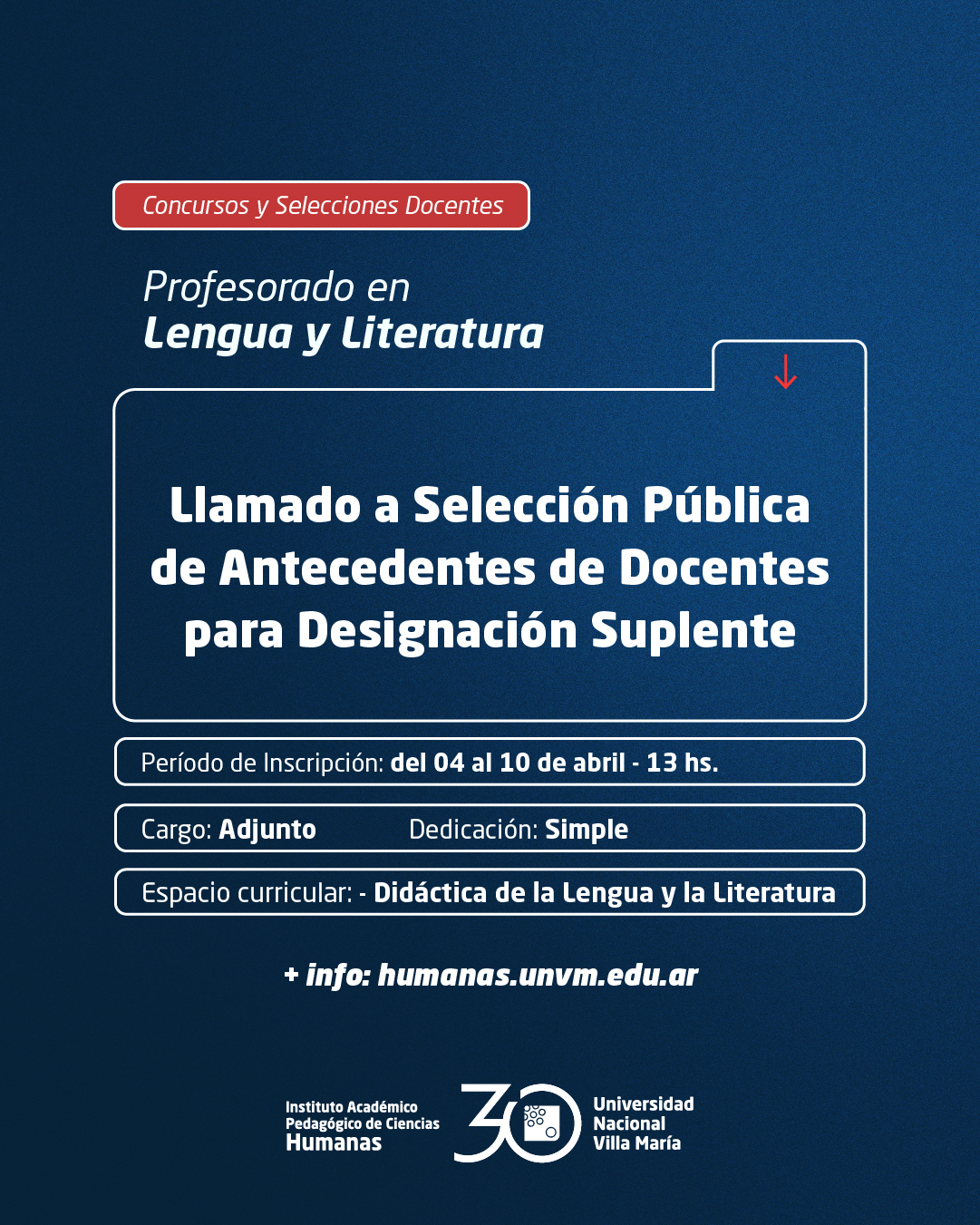 Prof. Lengua y Literatura: Llamado a Selección Pública de Antecedentes de Docentes para designación Suplente