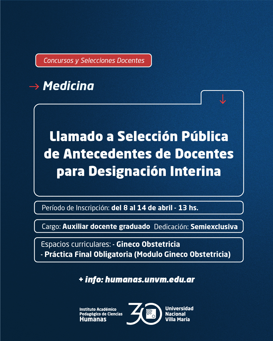 Medicina: Llamado a Selección Pública de Antecedentes de Docentes para designación Interina