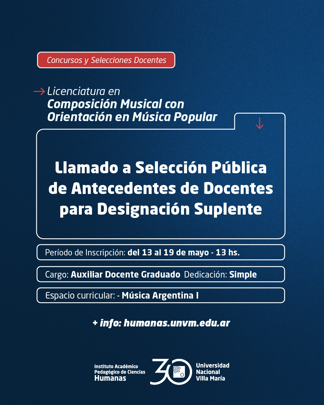 Lic. Composición Musical: Llamado a Selección Pública de Antecedentes de Docentes para designación Suplente