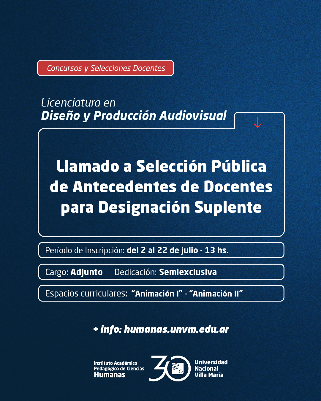 Lic. Diseño y Producción Audiovisual: Llamado a Selección Pública de docentes para designación Suplente