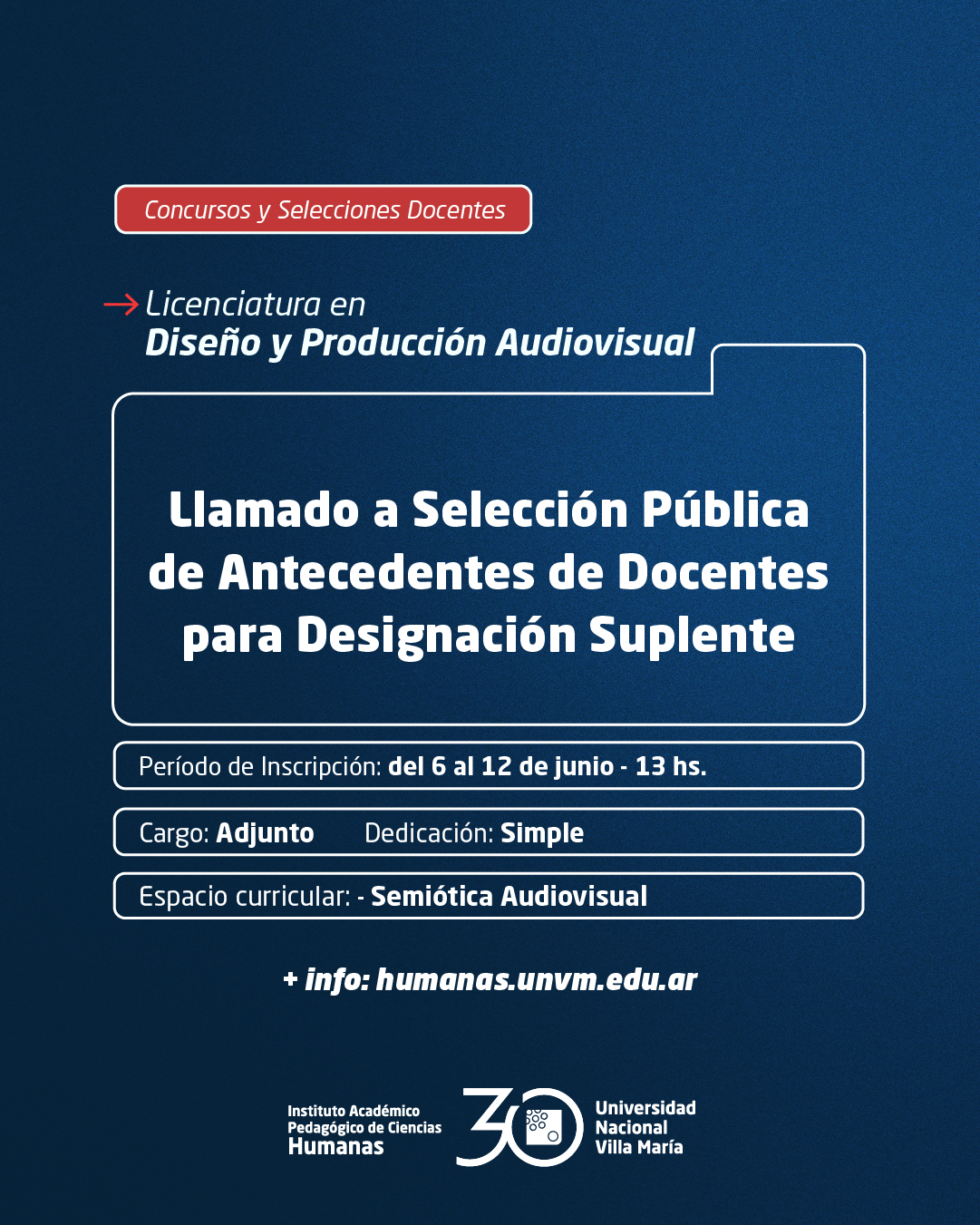 Lic. Diseño y Prod. Audiovisual: Llamado a selección pública de antecedentes de docentes para designación suplente