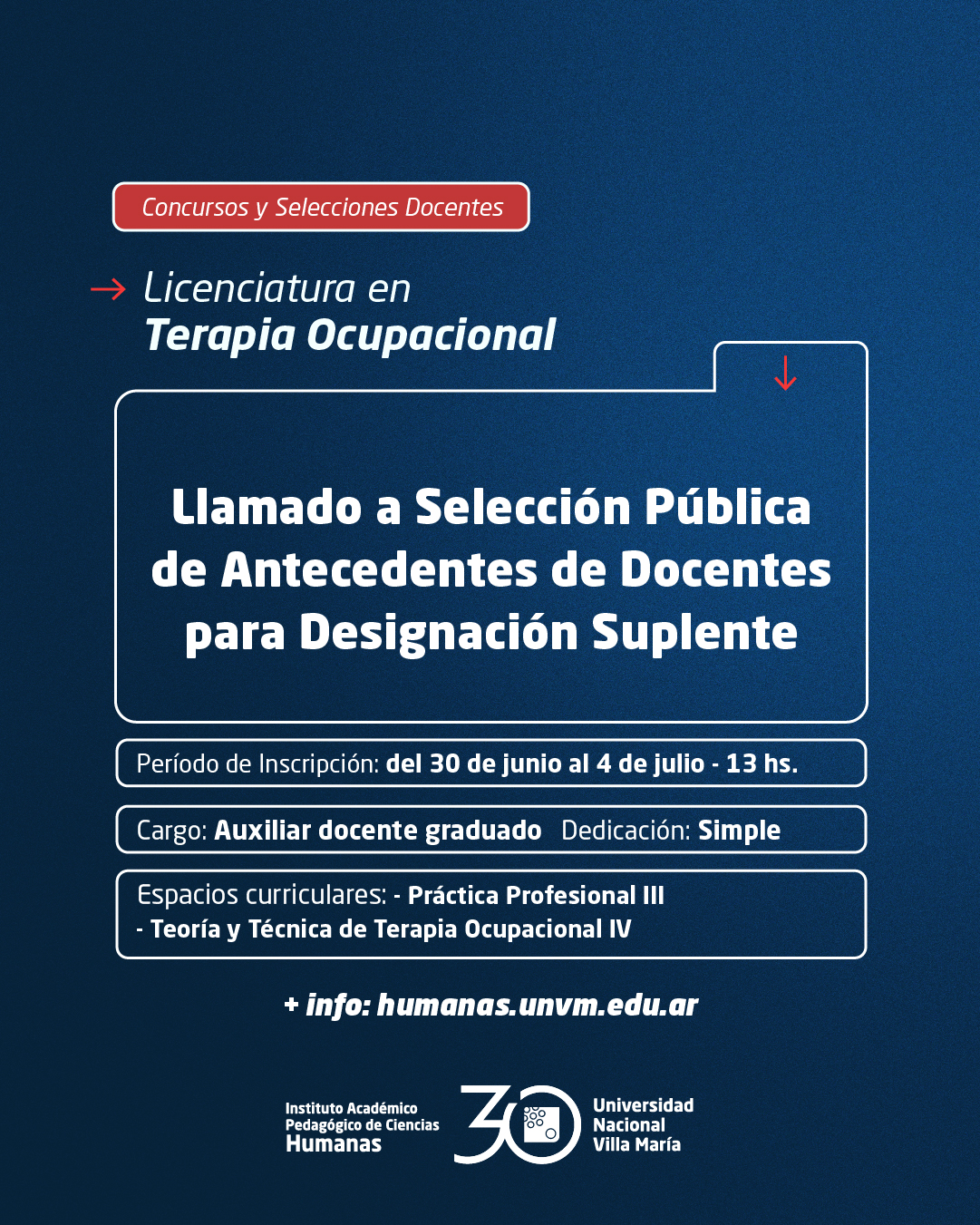 Lic. Terapia Ocupacional: Llamado a Selección Pública de Antecedentes de docentes para designación suplente