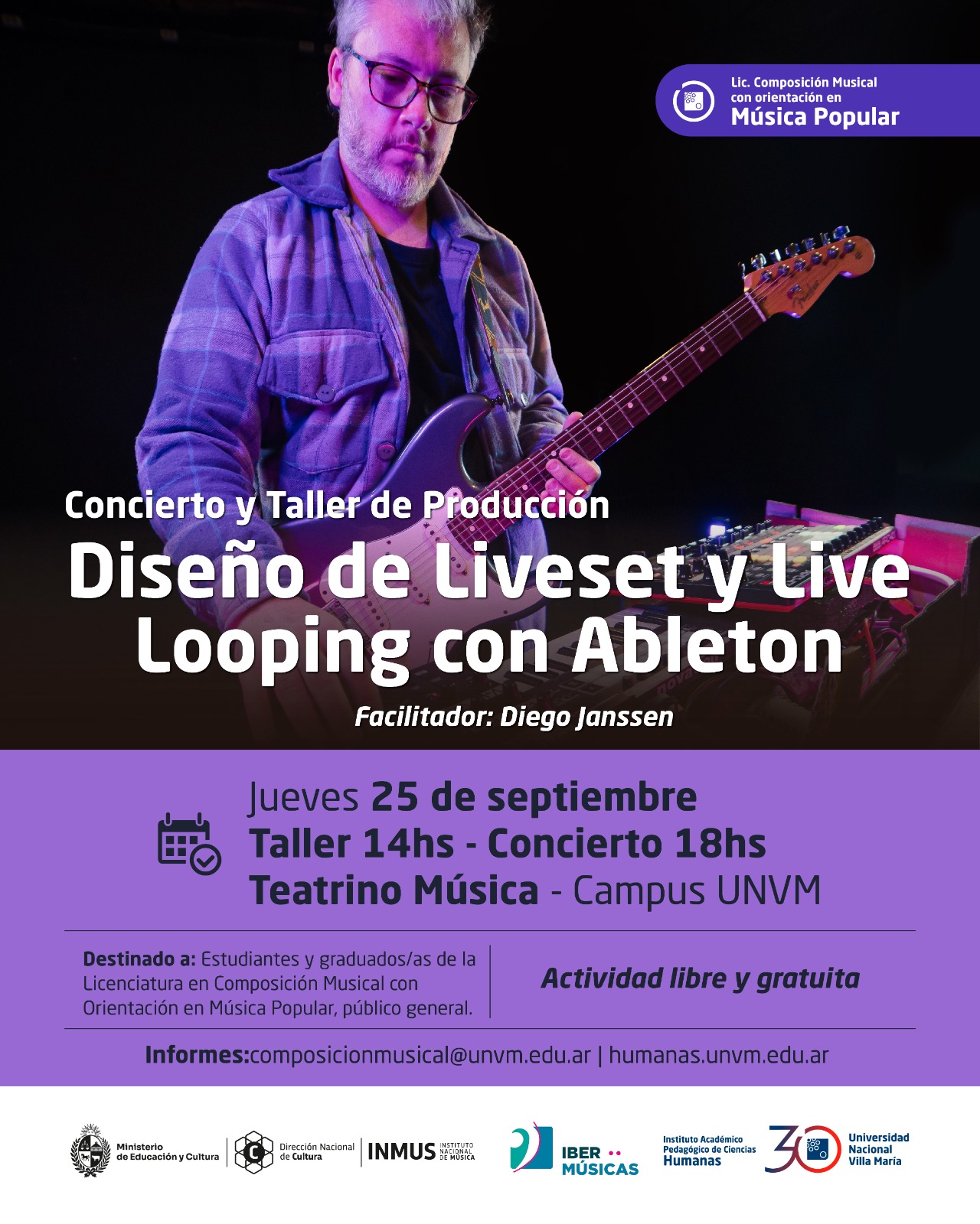 Taller y concierto: producción musical con Diego Janssen en Humanas UNVM