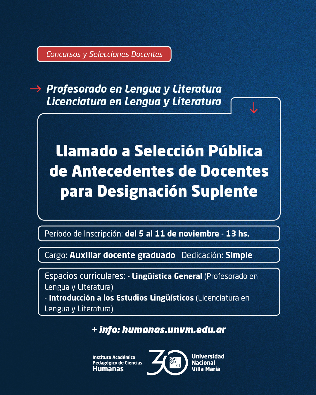 Prof. y Lic. en Lengua y Literatura: Llamado a Selección Pública de Antecedentes de Docentes para designación Suplente