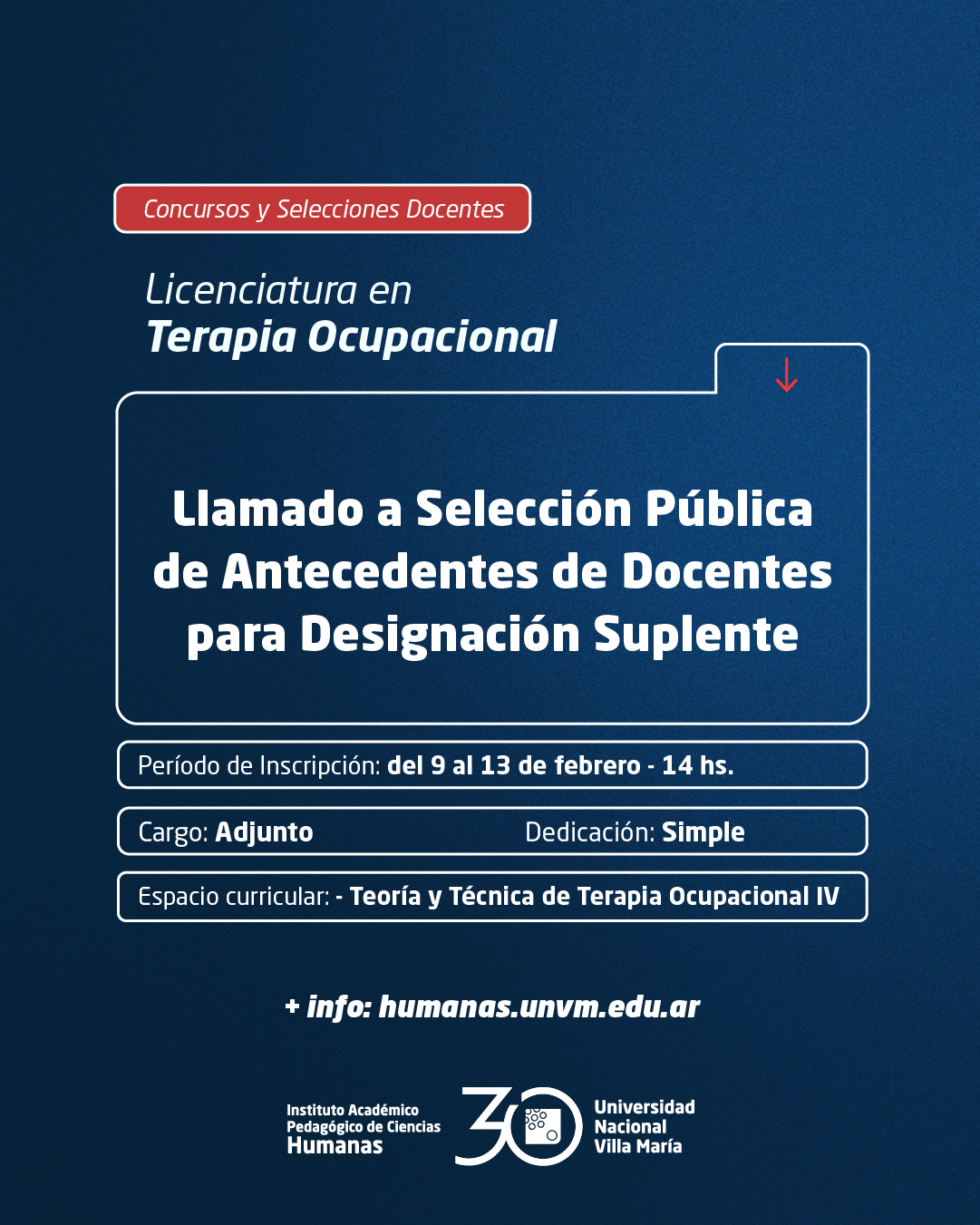 Lic. Terapia Ocupacional: Llamado a Selección Pública de Antecedentes de Docentes para designación Suplente