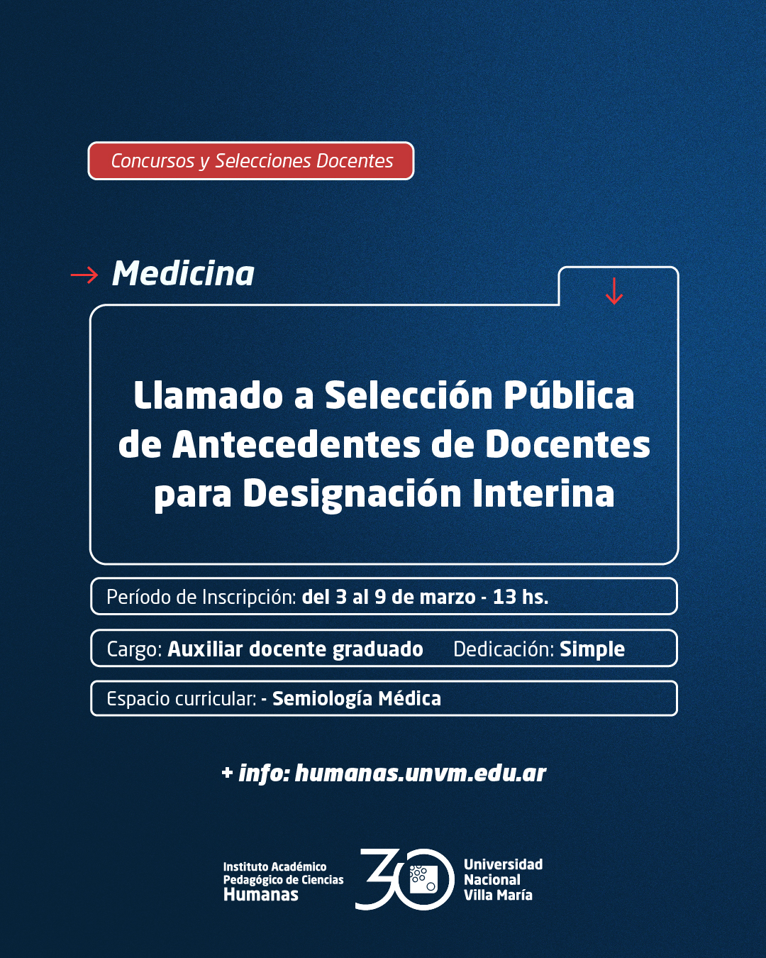 Medicina: Llamado a Selección Pública de antecedentes de docentes para designación interina