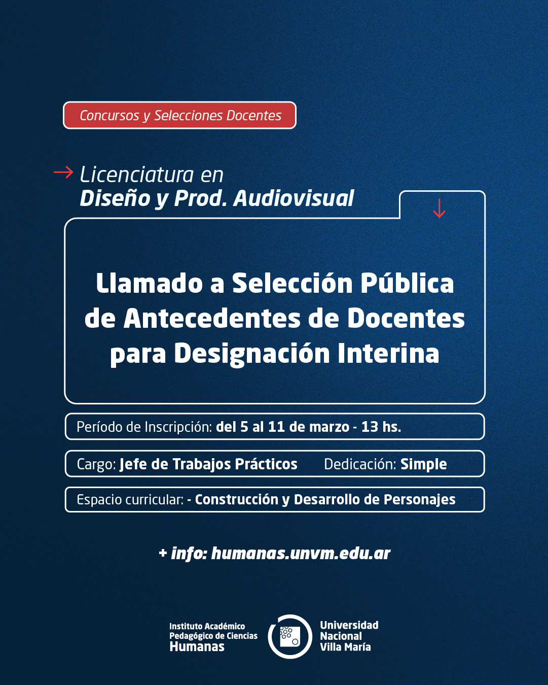 Lic. Diseño y Prod. Audiovisual: Llamado a Selección Pública de antecedentes de docentes para designación interina
