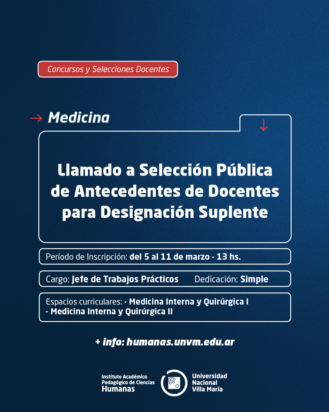 Medicina: Llamado a Selección Pública de antecedentes de docentes para designación suplente