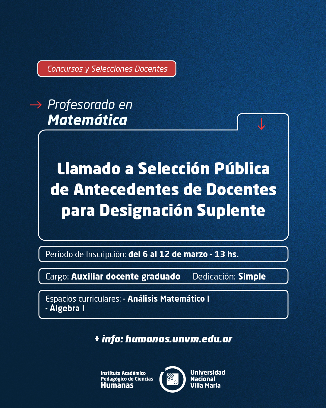 Prof. Matemática: Llamado a Selección Pública de Antecedentes de docentes para designación suplente