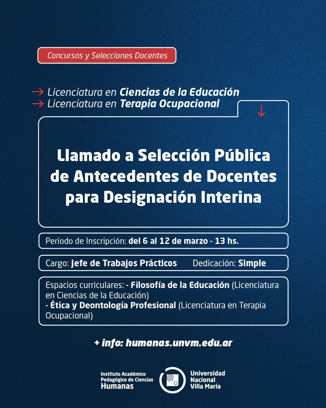 Lic. Cs de la Educación y Lic. en Terapia Ocupacional: Llamado a Selección Pública de Antecedentes de docentes para designación interina