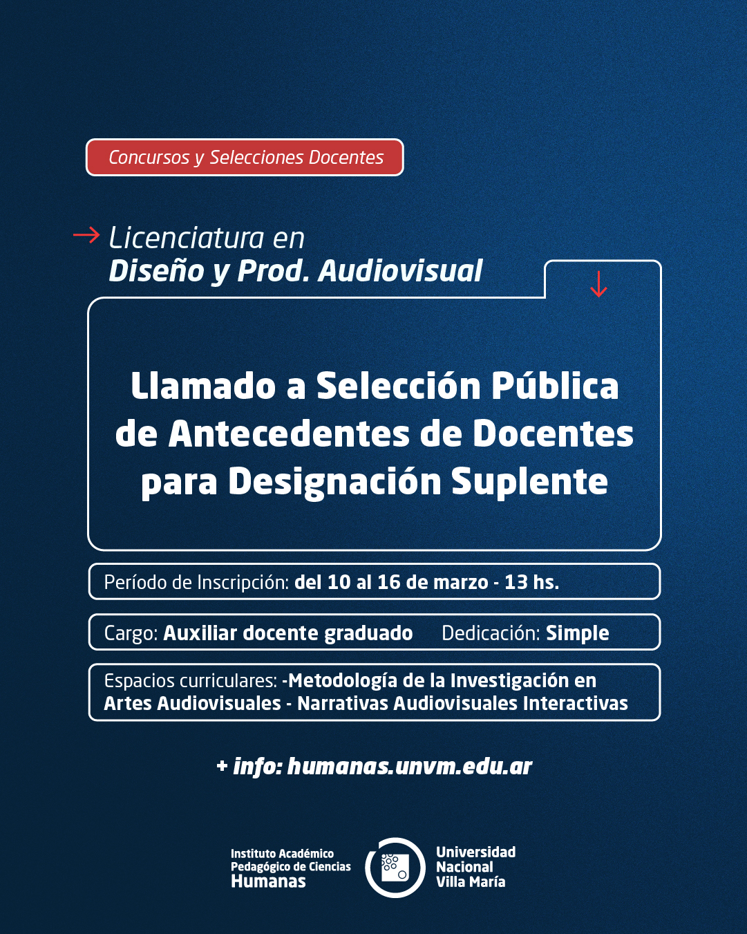 Lic. Diseño y Prod. Audiovisual: Llamado a Selección Pública de antecedentes de docentes para designación suplente