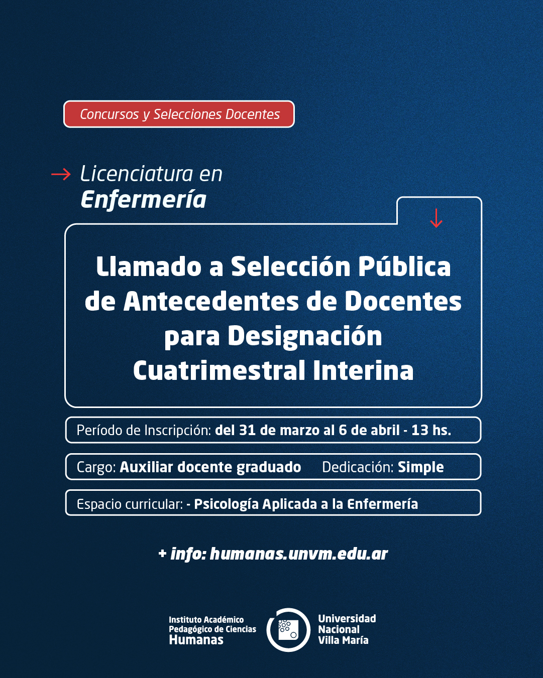 Lic. en Enfermería: Llamado a Selección Pública de Antecedentes de Docentes para designación cuatrimestral interina