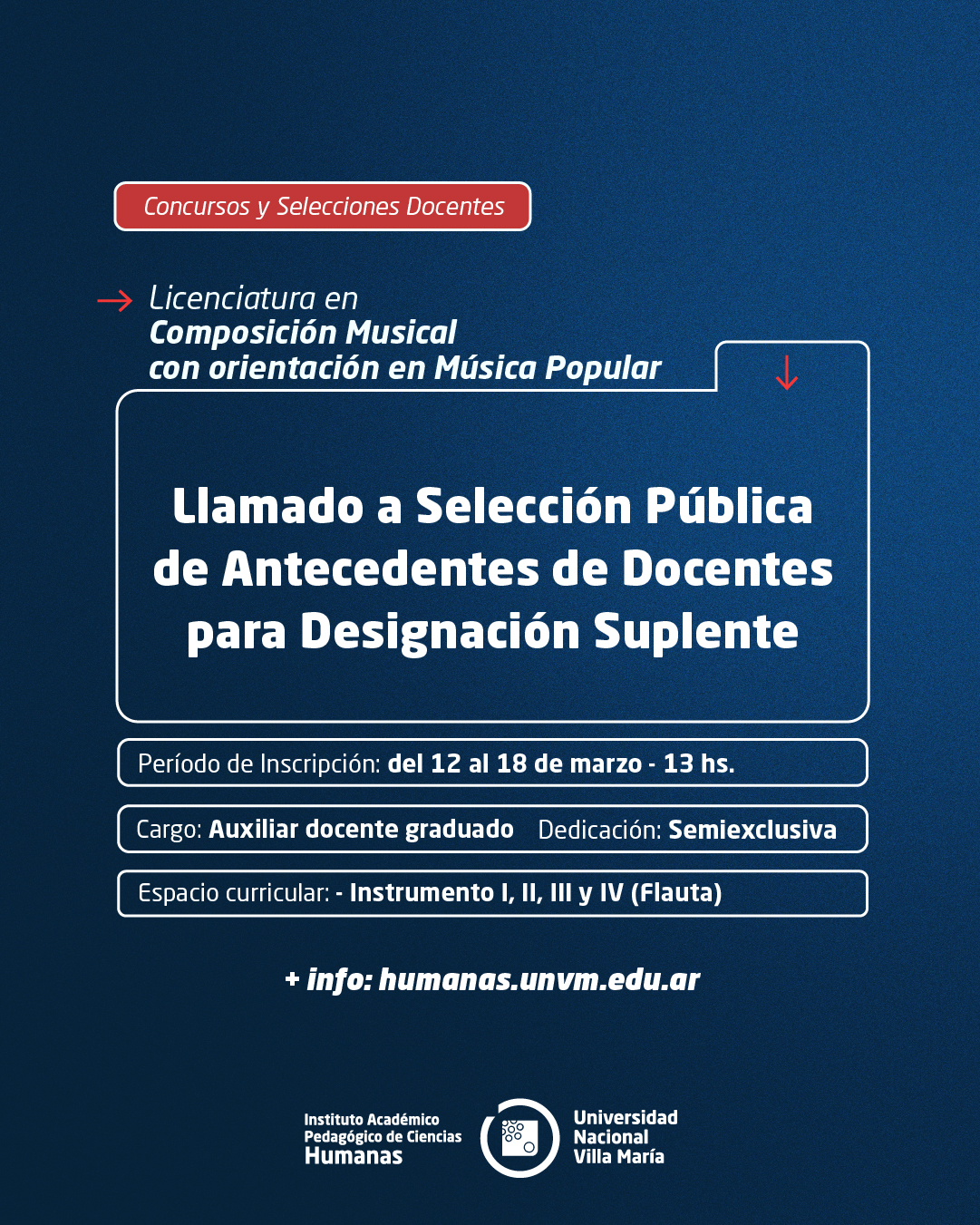 Lic. Composición Musical: Llamado a Selección Pública de Antecedentes de docentes para designación Suplente