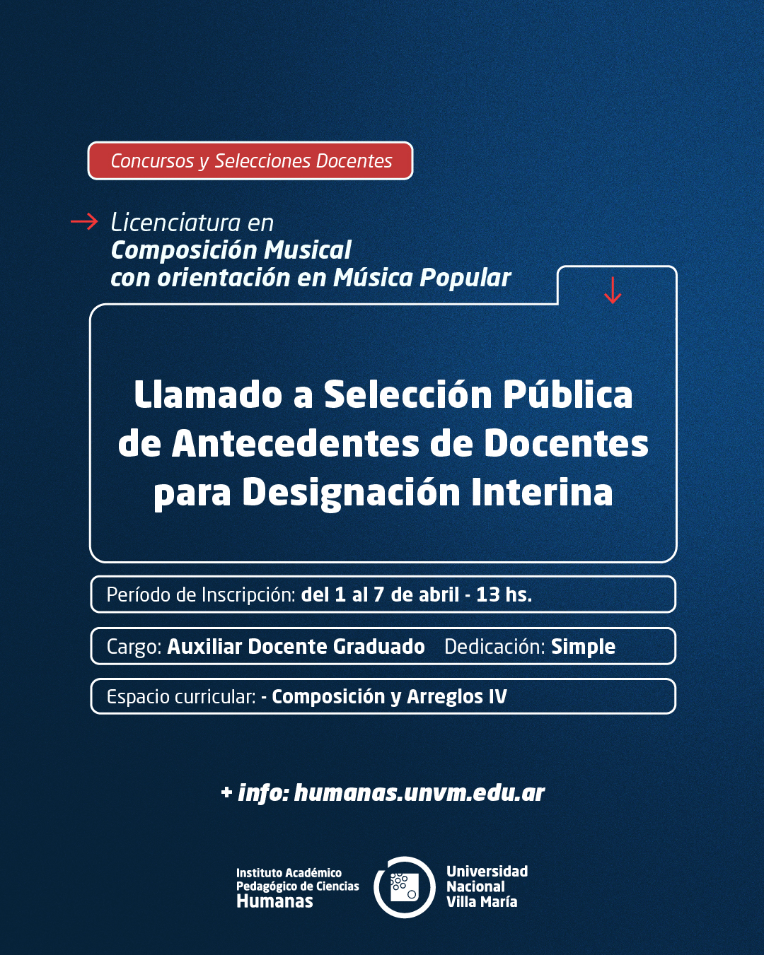 Lic. Composición Musical: Llamado a Selección Pública de Antecedentes de docentes para designación interina