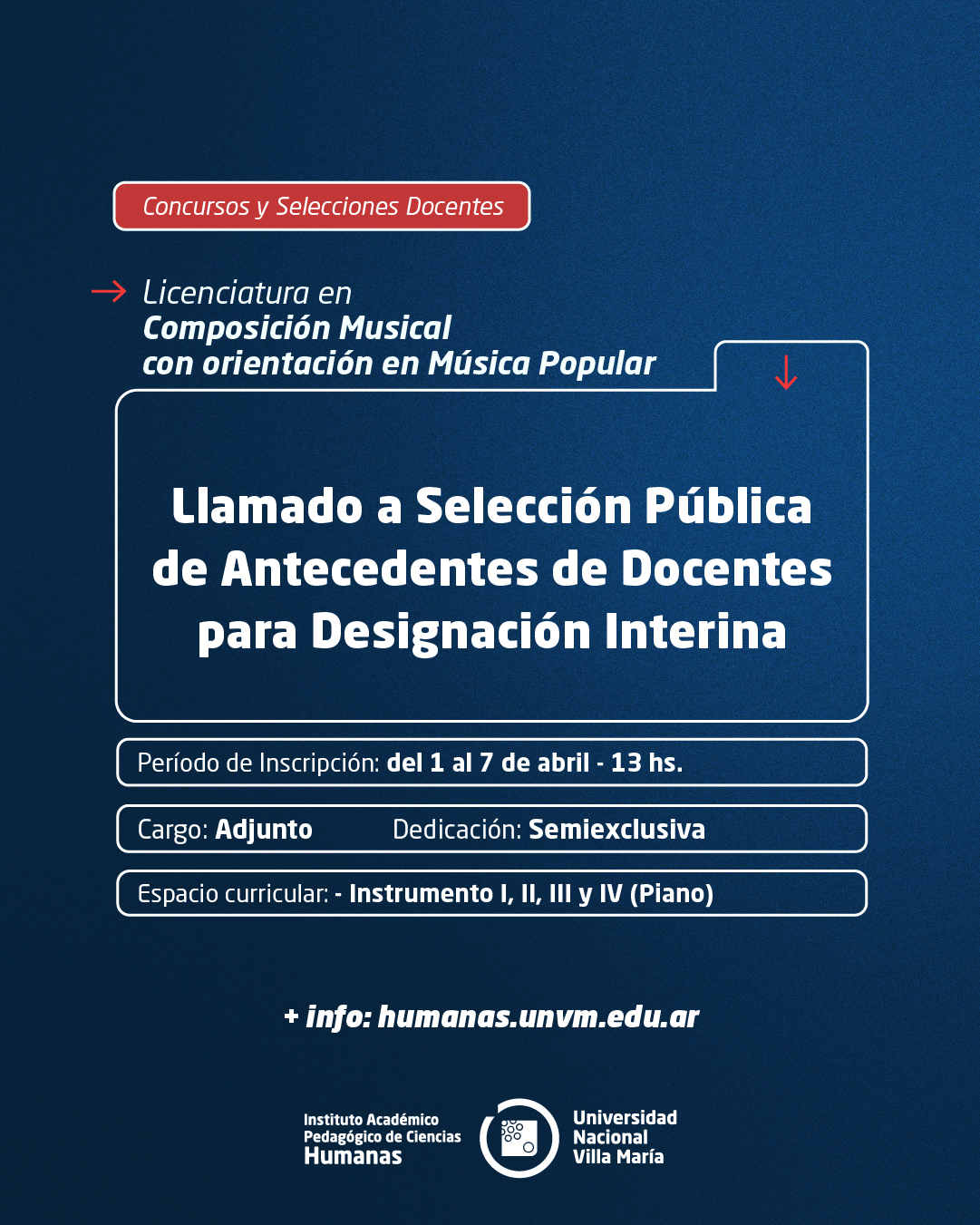 Lic. Composición Musical: Llamado a Selección Pública de Antecedentes de docentes para designación interina
