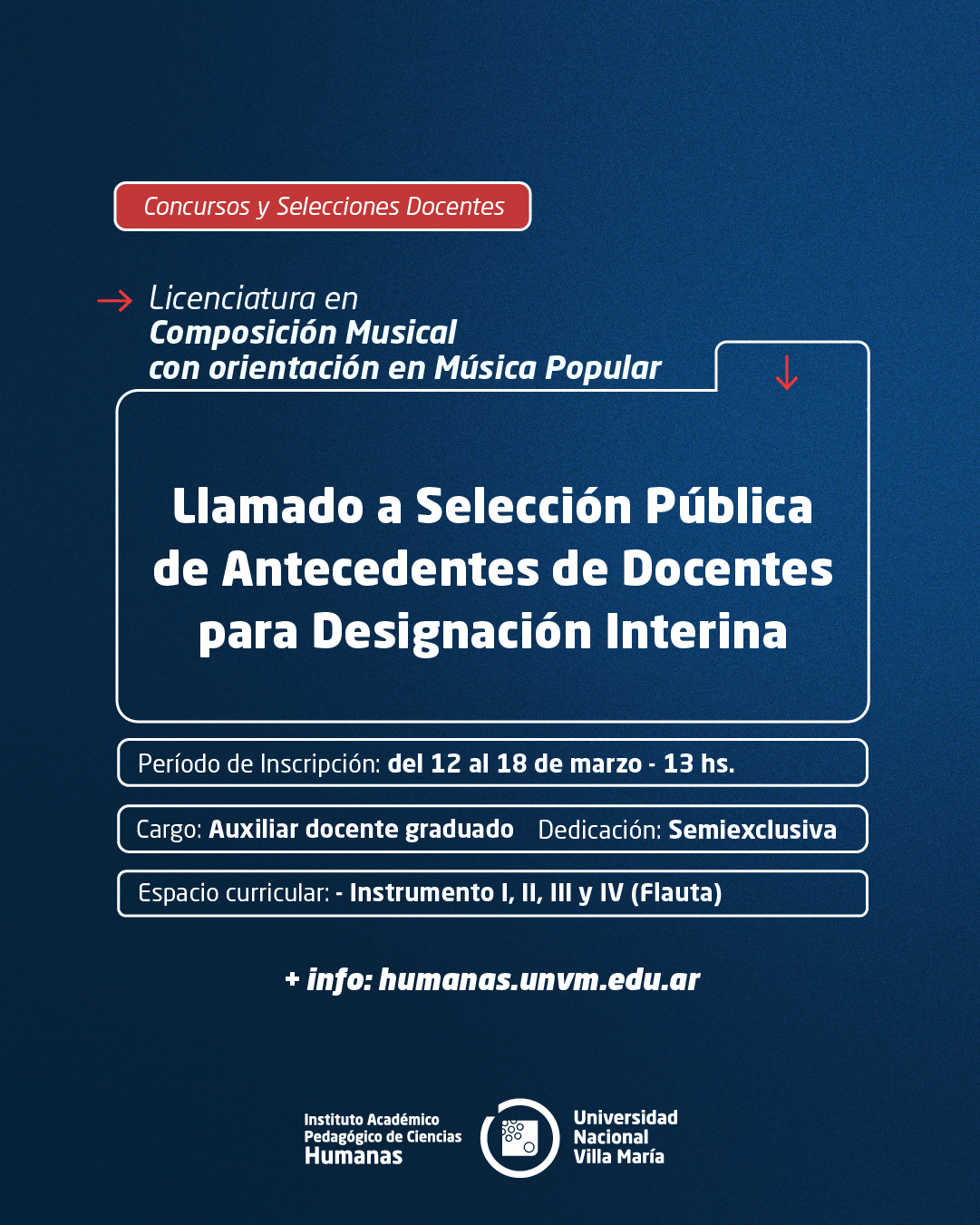 Lic. Composición Musical: Llamado a Selección Pública de Antecedentes de docentes para designación interina