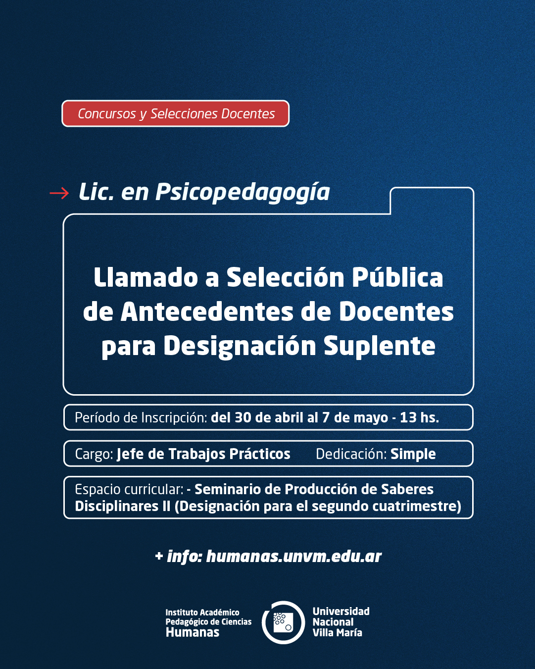 Lic. Psicopedagogía: Llamado a Selección Pública de Antecedentes de docentes para designación Suplente
