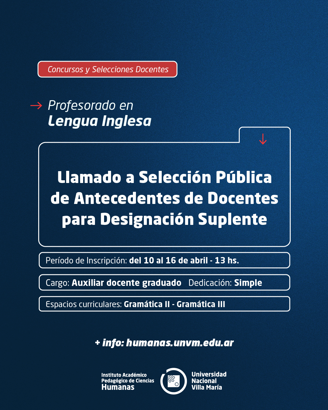 Prof. Lengua Inglesa: Llamado a Selección Pública de Antecedentes de docentes para designación suplente