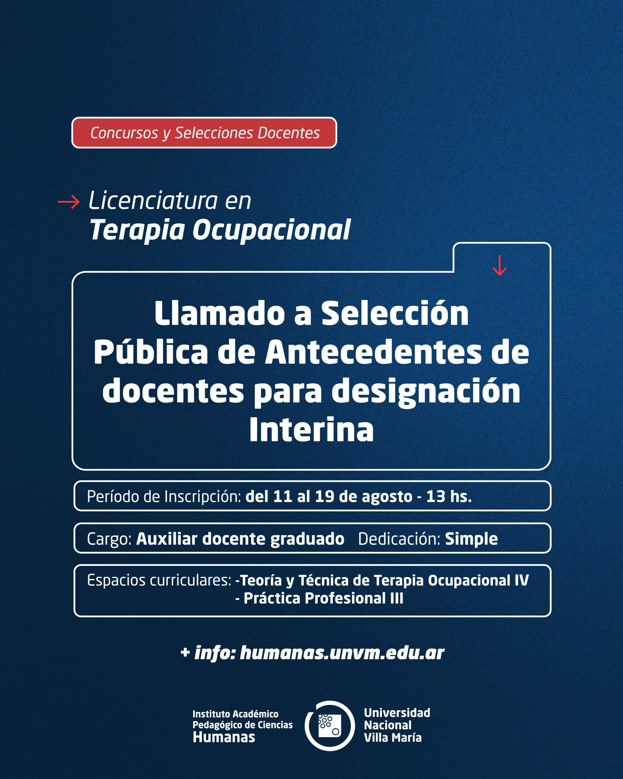 Lic. Terapia Ocupacional: Llamado a Selección Pública de Antecedentes de Docentes para designación Interina