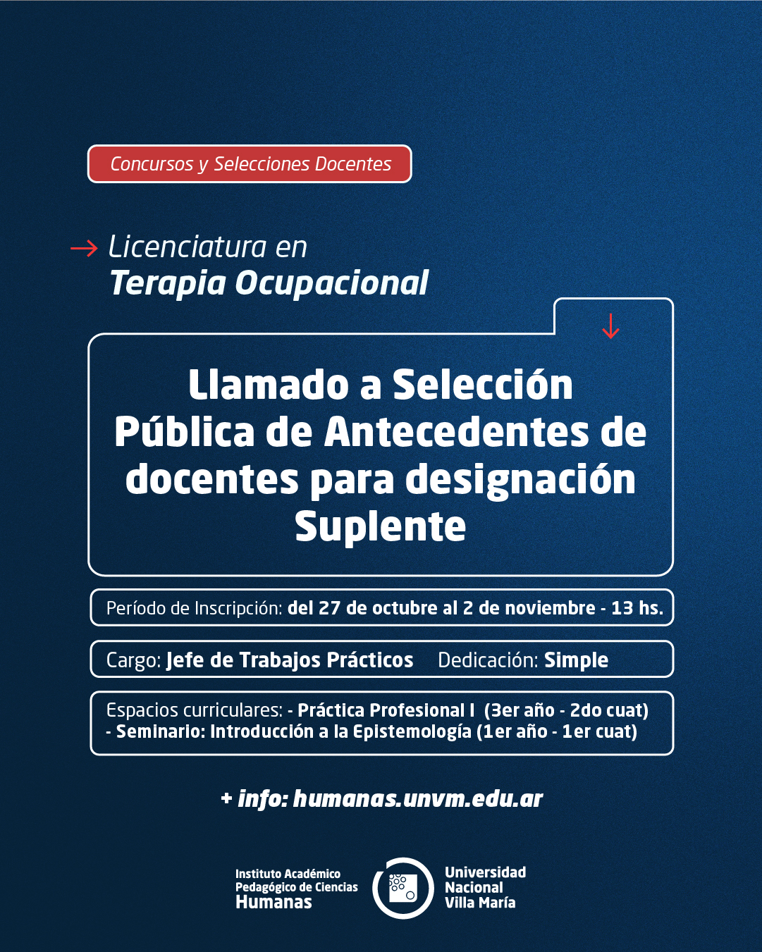 Lic. Terapia Ocupacional: Llamado a Selección Pública de Antecedentes de Docentes para designación Suplente