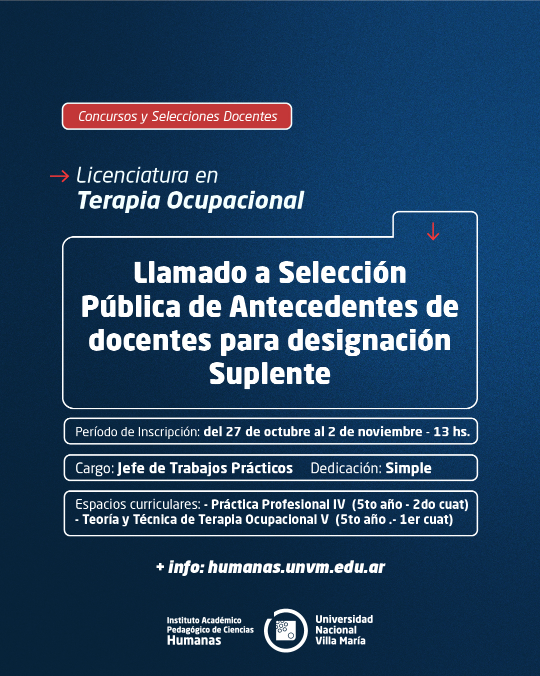 Lic. Terapia Ocupacional: Llamado a Selección Pública de Antecedentes de Docentes para designación Suplente